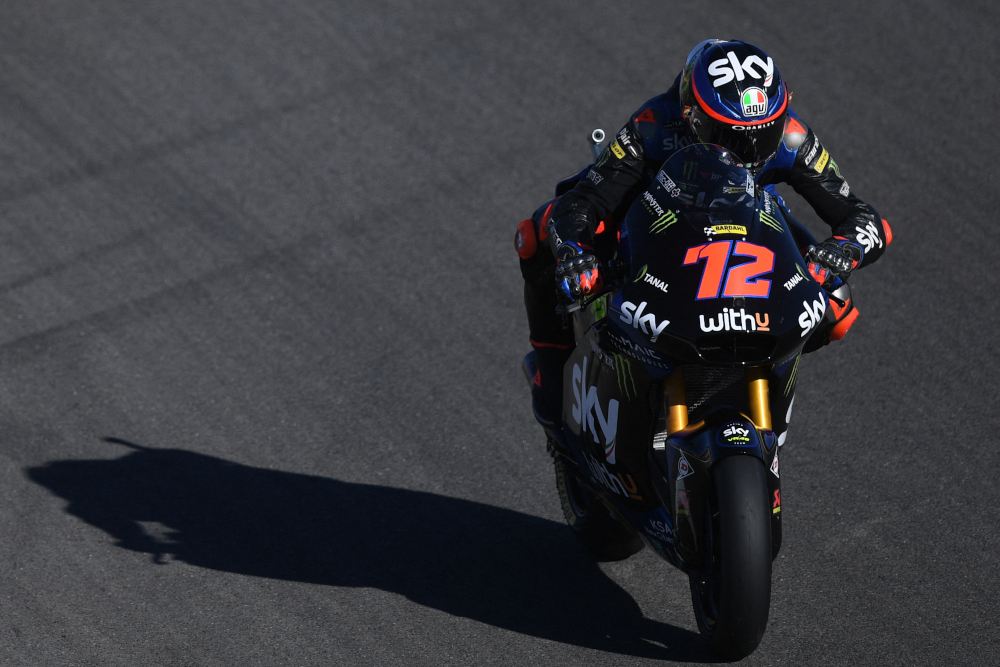 Kalex SKY Racing Team VR46u00e2u20acu2122s Italian rider Marco Bezzecchi rides during the Moto2 race of the Portuguese Grand Prix at the Algarve International Circuit in Portimao, November 7, 2021. u00e2u20acu201d AFP pic 