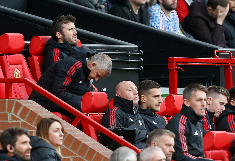 Manchester United manager Ole Gunnar Solskjaer with assistant manager Michael Carrick during the match with Manchester City at Old Trafford, November 6, 2021. u00e2u20acu201d Reuters pic 