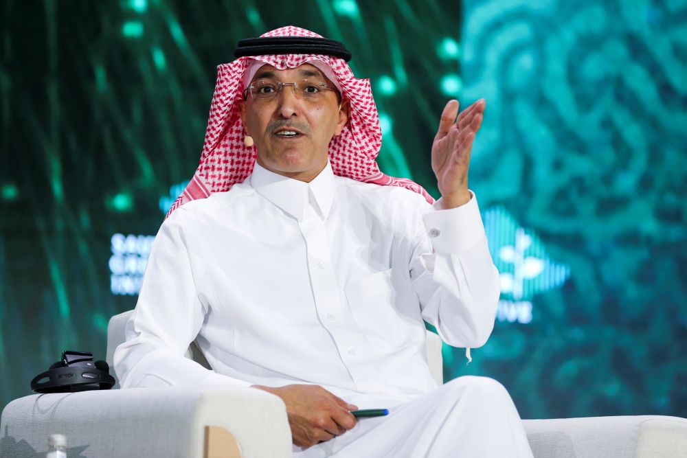 Saudi Minister of Finance Mohammed al-Jadaan gestures as he speaks during the Saudi Green Initiative Forum to discuss efforts by the world's top oil exporter to tackle climate change in Riyadh October 23, 2021. u00e2u20acu201d Reuters pic