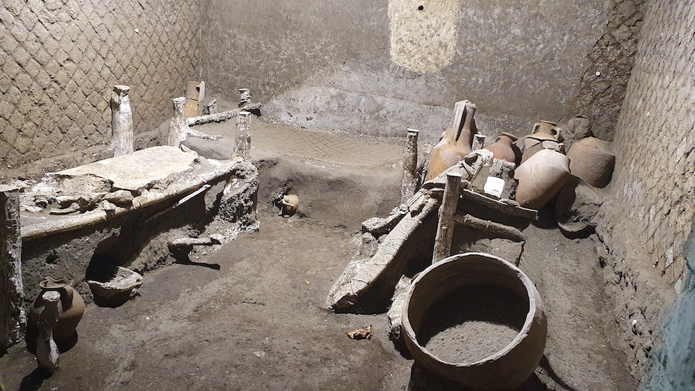 A ‘slaves room’ at a Roman villa, containing beds, amphorae, ceramic pitchers and a chamber pot is discovered in a dig near the ancient Roman city of Pompeii, destroyed in 79 AD in volcanic eruption, Italy, 2021. — Reuters pic