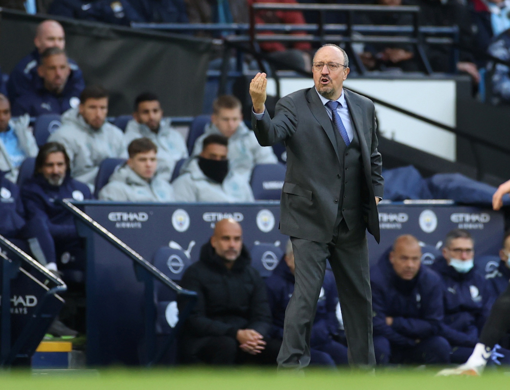 Everton manager Rafael Benitez during the Manchester City v Everton match at Etihad Stadium, Manchester, Britain, November 21, 2021. u00e2u20acu201d Action Images via Reuters