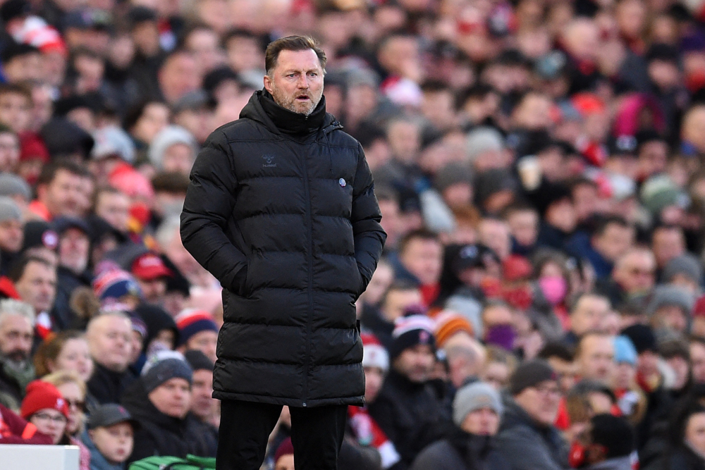 Southampton manager Ralph Hasenhuttl looks on during the English Premier League football match between Liverpool and Southampton at Anfield in Liverpool, November 27, 2021. u00e2u20acu201d AFP picn