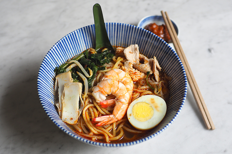 Try the prawn mee here which has a delicious broth, poached prawns and 'kangkung'.