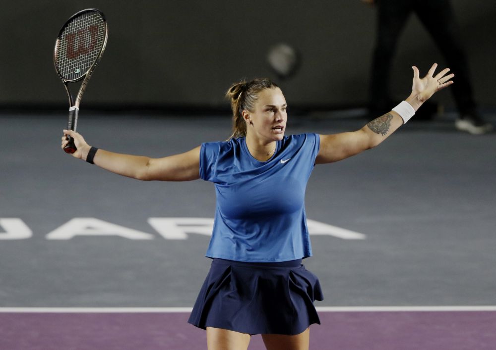 Belarus' Aryna Sabalenka reacts during her group stage match against Greece's Maria Sakkari at the Panamerican Tennis Centre, Guadalajara November 15, 2021. u00e2u20acu201d Reuters picnn