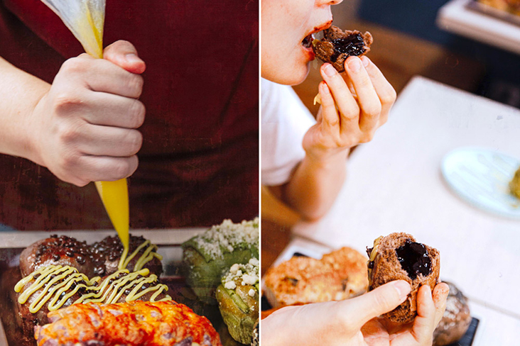Piping as a finishing touch (left). Taking a bite of the fluffy sourdough pillow bun.