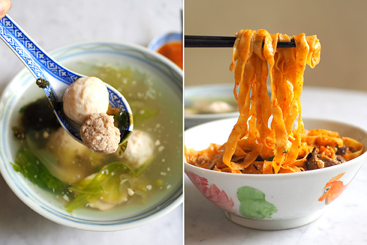 The noodles are served with soup on the side with a mix of fish balls and meatball (left). Slurp down the al dente noodles coated with chilli sauce (right)