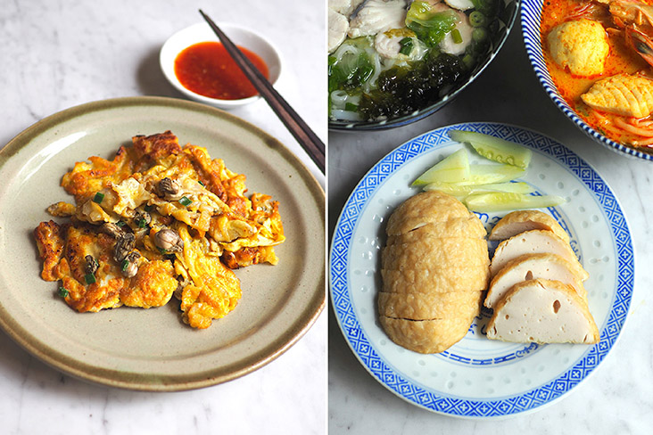 Nibble on oyster omelette as a side dish with your noodles (left). They offer various side items like this bouncy fried fish cake (right)