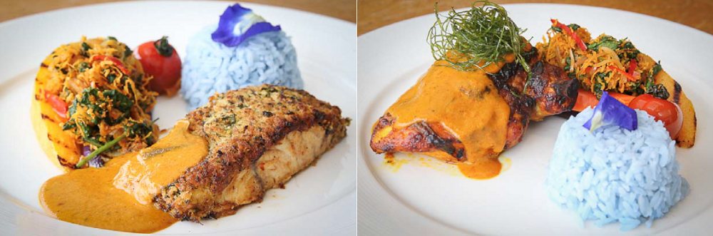 Choices for main course, a lacto chicken stuffed with 'pucuk paku' (right) or a grilled sea bass marinated with ‘asam pedas’ (Left). ― Picture by Yusof Mat Isa