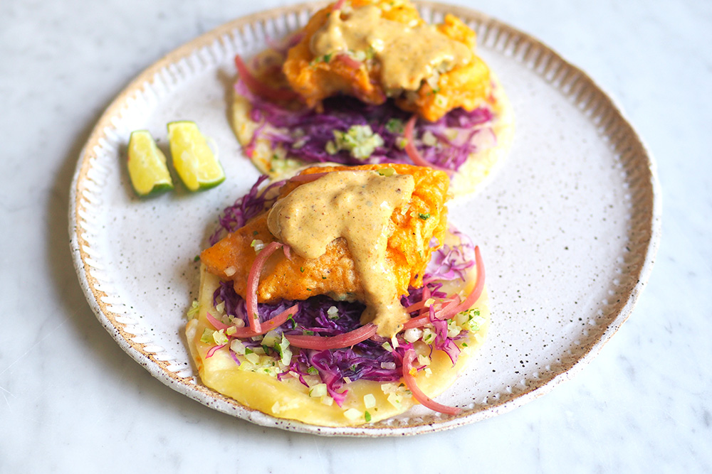 The fish tacos are substantial with the larger-sized deep fried dory fish served with their handmade flour tortillas.