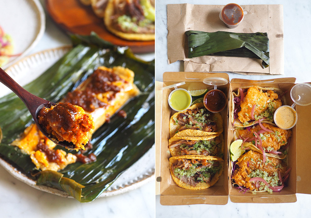 The red salsa adds a depth of flavour for this creamy tamale (left). The tacos and the tamale are available for pre-orders only from Tuesday to Saturday (right).