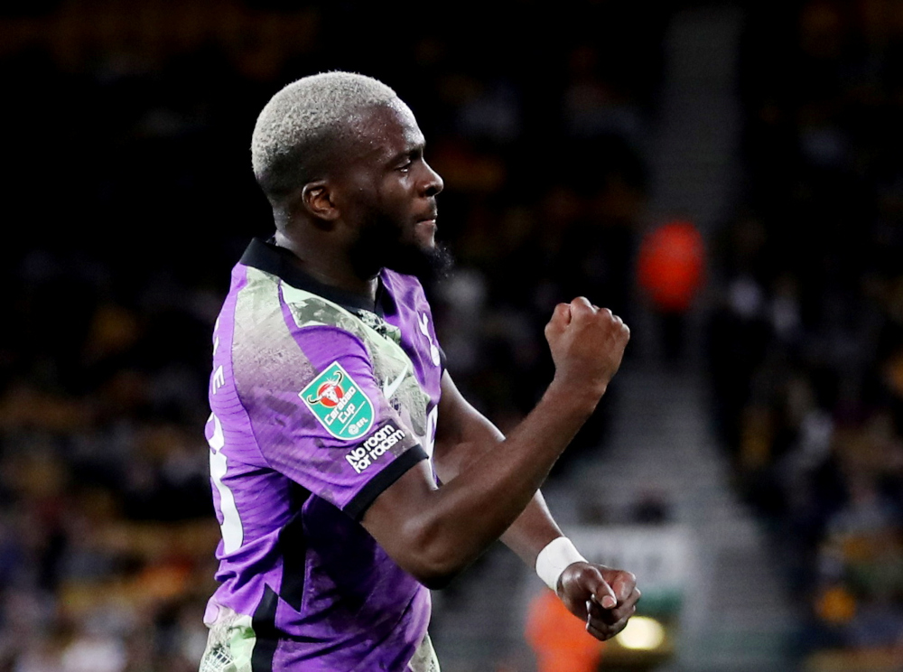 Tottenham Hotspuru00e2u20acu2122s Tanguy Ndombele celebrates scoring their first goal against Wolverhampton Wanderers at Molineux Stadium, Wolverhampton, Britain, September 22, 2021. u00e2u20acu201d Action Images via Reutersnn
