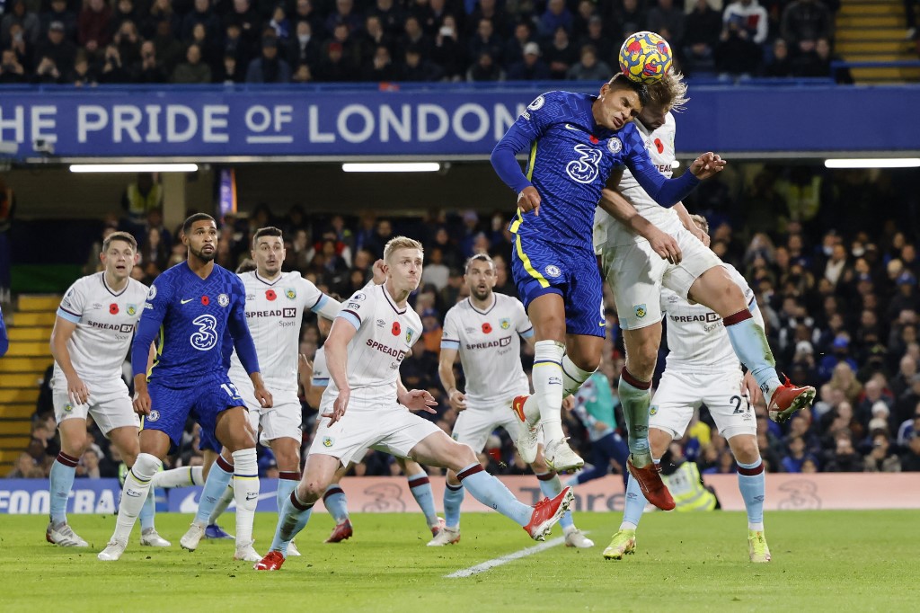 Chelseau00e2u20acu2122s Thiago Silva (second right) vies with Burnleyu00e2u20acu2122s Charlie Taylor during the English Premier League match between Chelsea and Burnley at Stamford Bridge, London, November 6, 2021. u00e2u20acu201d AFP pic
