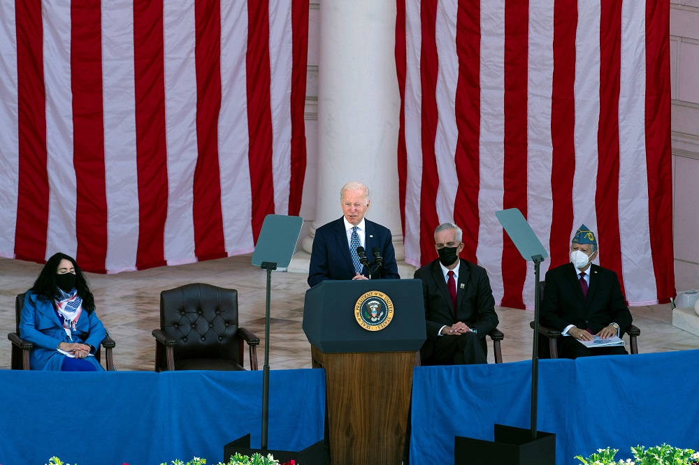 US President Joe Biden speaks at the Memorial Amphitheater, in Arlington National Cemetery, on Veterans Day, in Arlington, Virginia November 11, 2021. u00e2u20acu2022 Alex Brandon/Pool via Reuters