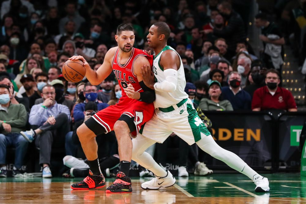 Chicago Bulls centre Nikola Vucevic (9) dribbles defended by Boston Celtics forward Al Horford (42) during the first half at TD Garden, Boston November 1, 2021. u00e2u20acu201d Reuters pic