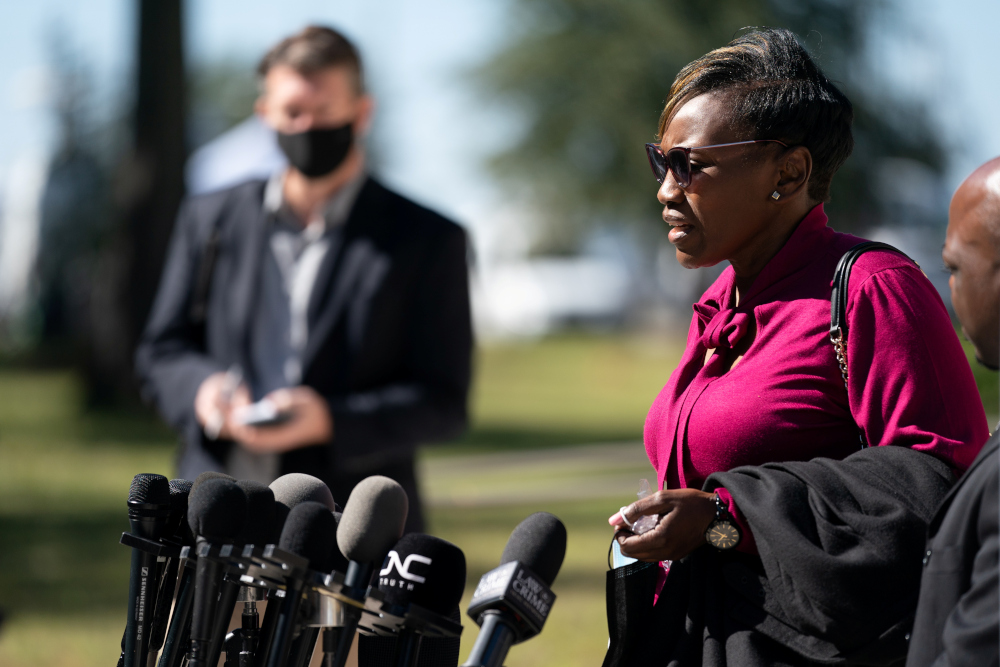 Wanda Cooper-Jones, mother of Ahmaud Arbery, talks with the media outside the Glynn County Courthouse in Brunswick, Georgia, US, November 8, 2021. u00e2u20acu201d Reuters pic 