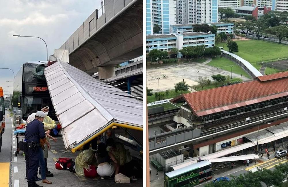 A passenger bus crashed into a taxi bay near Yishun MRT station on November 6, 2021 and the covered walkway to the bay partially collapsed, said the Singapore Civil Defence Force. u00e2u20acu201d TODAY pic