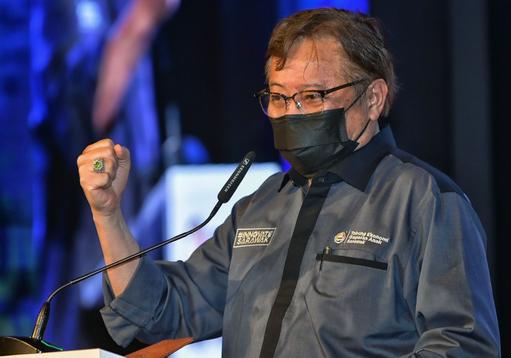 Chief Minister Tan Sri Abang Johari Openg speaks at the launch of Tabung Ekonomi Gagasan Anak Sarawak Digital Village at Sama Jaya High Tech Park in Kuching, November 22, 2021. u00e2u20acu201d Bernama pic 