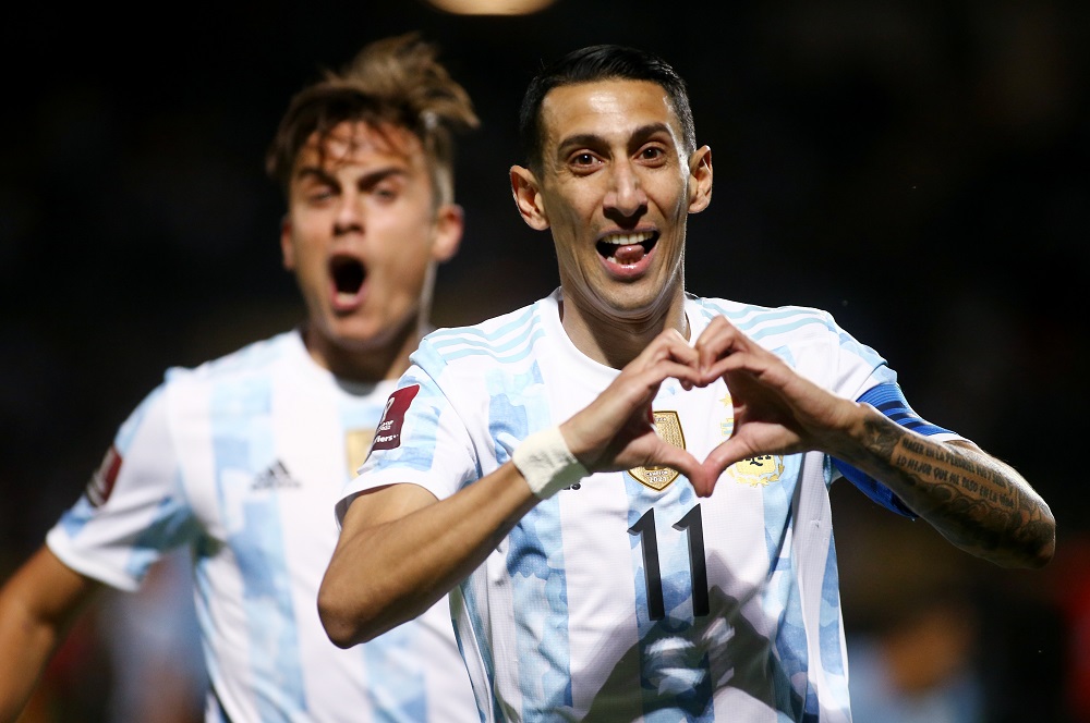 Argentina's Angel Di Maria celebrates after scoring their first goal against Uruguay November 13, 2021. u00e2u20acu2022 Pool via REUTERS/Ernesto Ryan