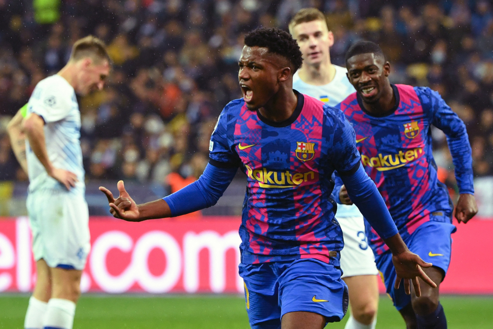 Barcelonau00e2u20acu2122s Spanish midfielder Ansu Fati celebrates after scoring the opening goal during the Uefa Champions League football match between Dynamo Kiev and Barcelona at the Olympic Stadium in Kiev, November 2, 2021. u00e2u20acu201d AFP pic 