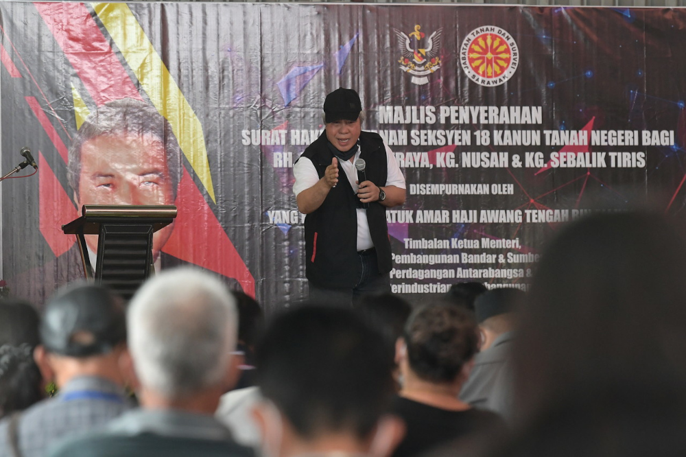 Sarawak Deputy Chief Minister Datuk Amar Awang Tengah Ali Hasan giving a speech at an event to hand out of land titles in the Lambir area, Sarawak, November 30, 2021. u00e2u20acu201d Bernama pic 