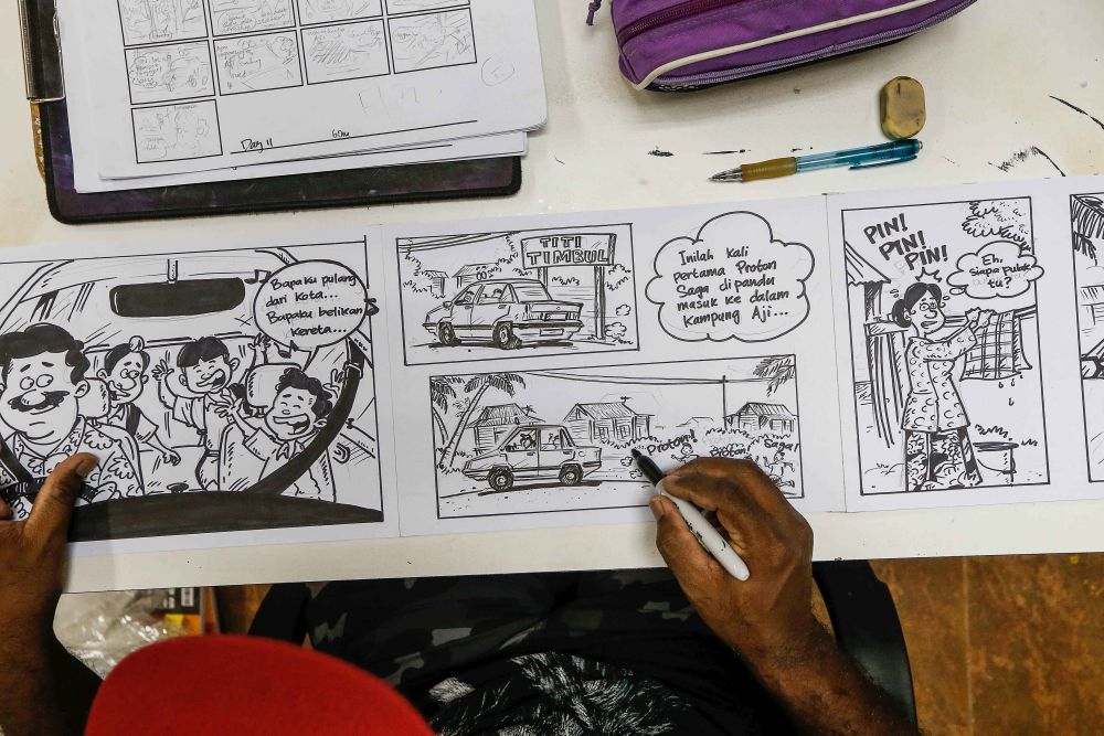 Mohd Azmi's comic strip is a story that revolves around three families and a Proton Saga. — Picture by Sayuti Zainudin