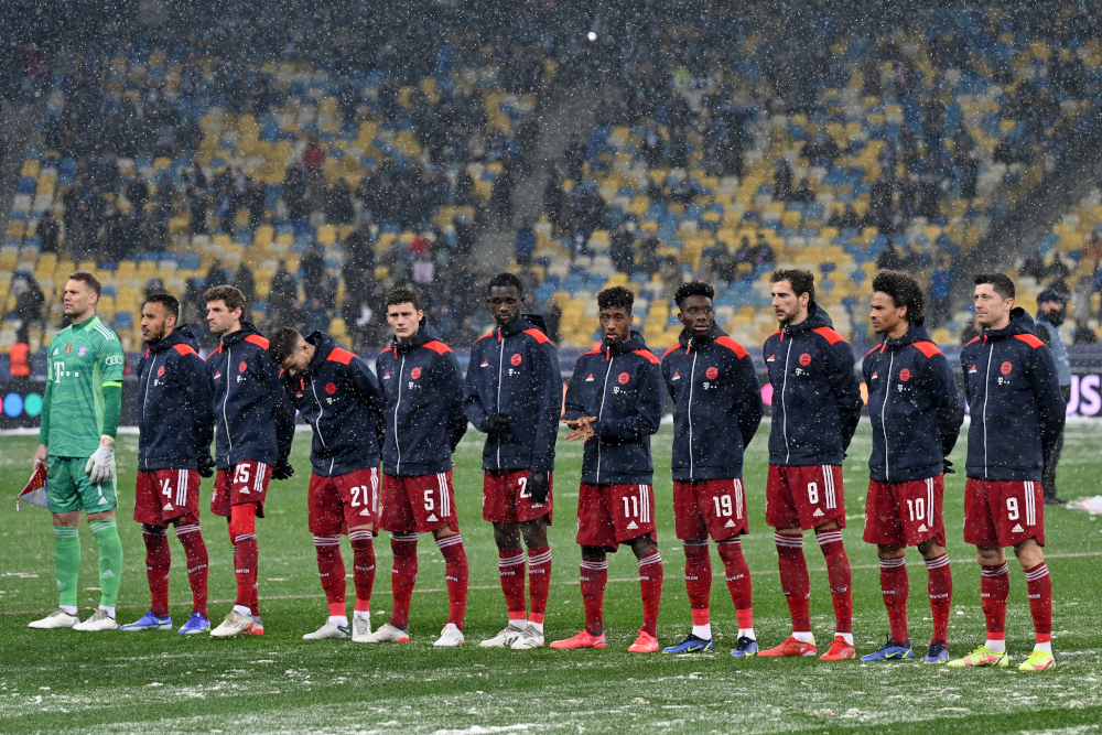Bayern Munichu00e2u20acu2122s players line up prior to the Uefa Champions League football match between Dynamo Kiev and Bayern Munich at the Olympic Stadium in Kiev, November 23, 2021. u00e2u20acu201d AFP pic 