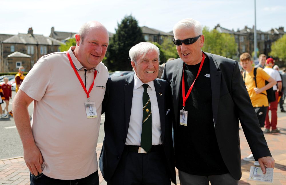 Former Celtic player Bertie Auld (centre) outside the stadium before the match between Celtic and Motherwell at Hampden Park, Glasgow May 19, 2018. u00e2u20acu201d Reuters pic
