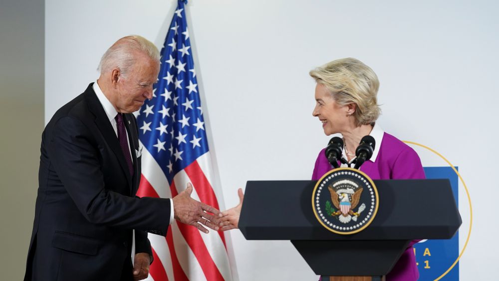 US President Joe Biden and European Commission's President Ursula von der Leyen shake hands after speaking about steel and aluminium tariffs on the sidelines of the G20 leaders' summit in Rome October 31, 2021. u00e2u20acu201d Reuters pic
