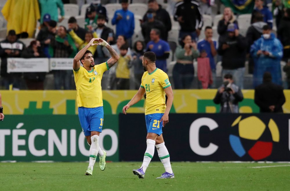 Brazil's Lucas Paqueta celebrates scoring their first goal against Colombia with teammates at Arena Corinthians, Sao Paulo November 11, 2021. u00e2u20acu201d Reuters pic
