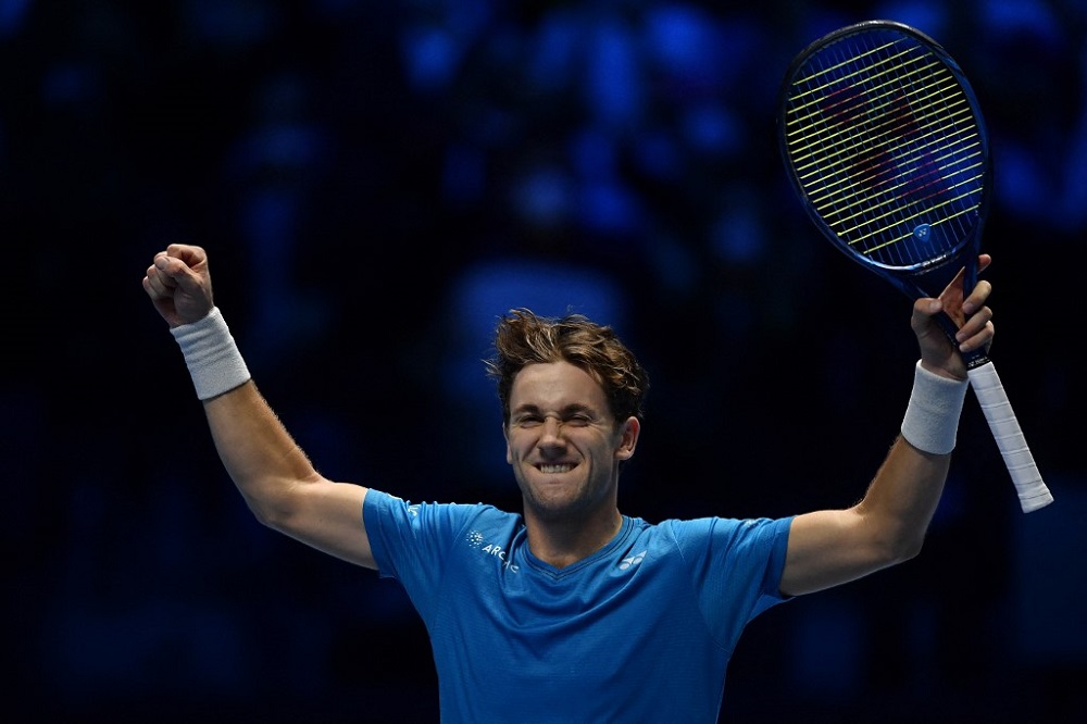 Norway's Casper Ruud celebrates after defeating Russia's Andrey Rublev during their first round singles match of the ATP Finals at the Pala Alpitour venue in Turin November 19, 2021. u00e2u20acu2022 AFP pic