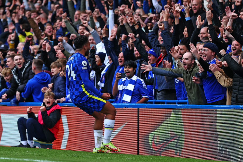 Chelseau00e2u20acu2122s English defender Reece James celebrates scoring his teamu00e2u20acu2122s third goal during the English Premier League match between Chelsea and Norwich City at Stamford Bridge in London, October 23, 2021. u00e2u20acu201d AFP picnn