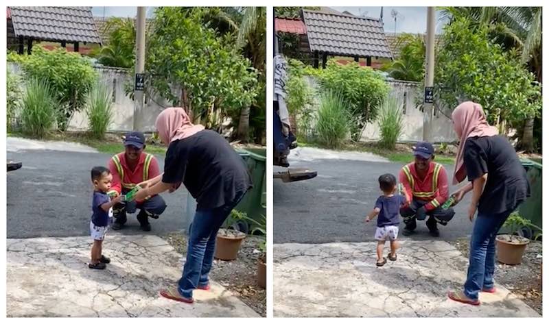 The coupleu00e2u20acu2122s young son hands packet drinks to the cheerful sanitation worker. u00e2u20acu201d Screengrabs from TikTok/@denik923