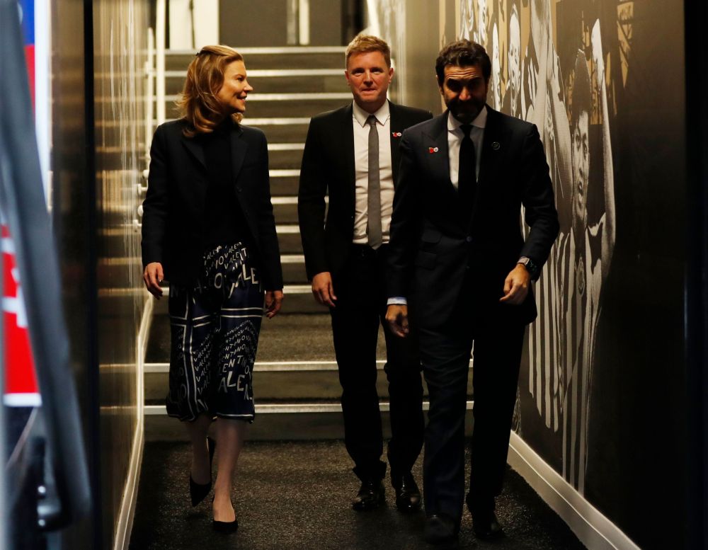 Newcastle United directors Mehrdad Ghodoussi and Amanda Staveley (left) with new manger Eddie Howe before his presentation at St Jamesu00e2u20acu2122 Park, Newcastle November 10, 2021. u00e2u20acu201d Reuters pic