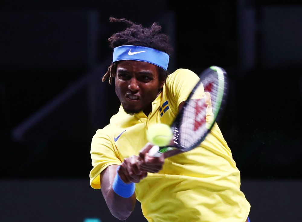 Sweden's Elias Ymer in action during his match Canada's Steven Diez during the Davis Cup Finals at Pala Alpitour, Turin November 25, 2021. u00e2u20acu201d Reuters picnn