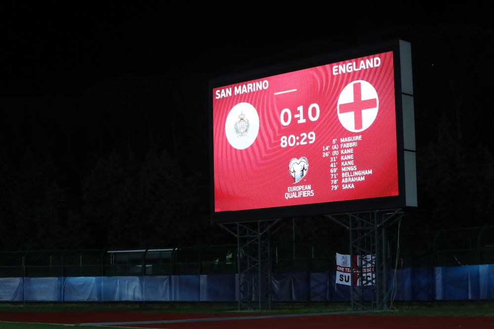 A large screen displaying the score during the match between San Marino and England at the San Marino Stadium, Serravalle November 15, 2021. u00e2u20acu201d  Reuters pic