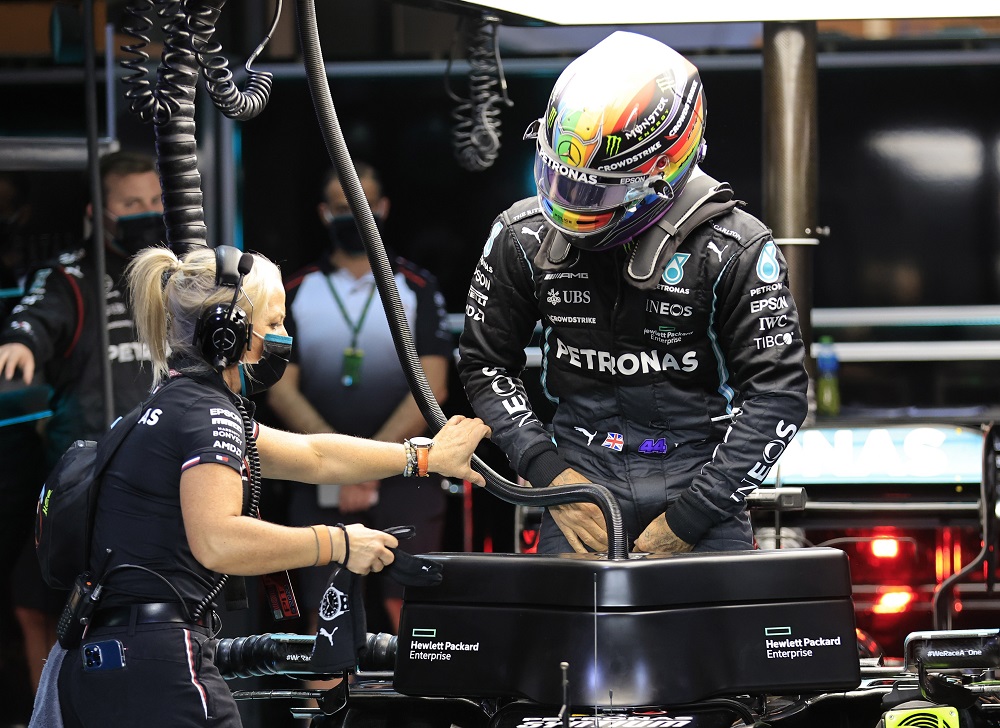 Lewis Hamilton was seen wearing a rainbow-coloured helmet during the Qatar Grand Prix practice session, November 19, 2021. u00e2u20acu2022 Reuters pic