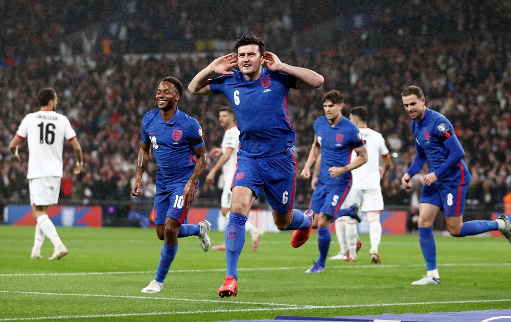 England's Harry Maguire celebrates after scoring the first goal against Albania November 13, 2021. u00e2u20acu2022 Reuters pic