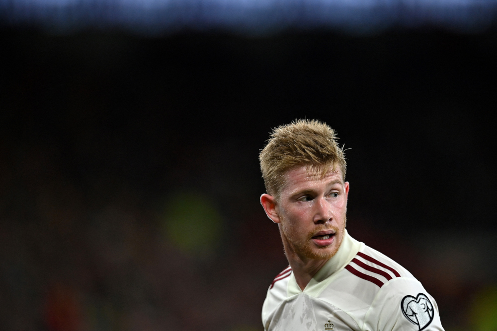 Belgium midfielder Kevin De Bruyne reacts during the Fifa World Cup 2022 Group E qualifier football match between Wales and Belgium at Cardiff City Stadium in Cardiff, south Wales, November 16, 2021. u00e2u20acu201d AFP pic 