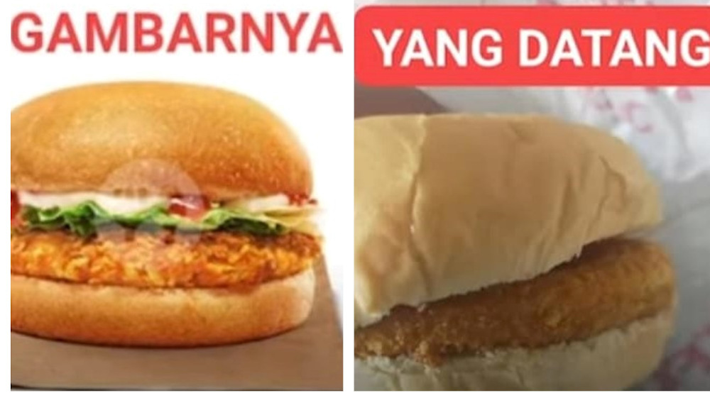 The burger shown in the menu (left) versus the burger that Erwin received through a food delivery app. u00e2u20acu201d Pictures via Facebook/ErRSandi 