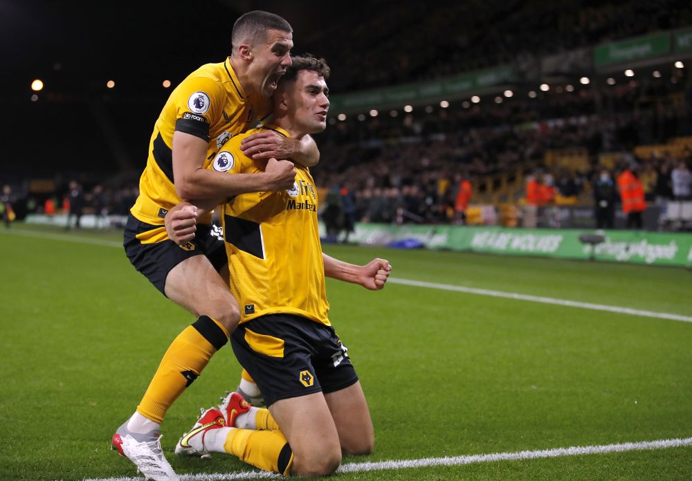 Wolverhampton Wanderers' Max Kilman celebrates scoring their first goal against Everton with Conor Coady at Molineux Stadium, Wolverhampton November 1, 2021. u00e2u20acu201d Reuters pic