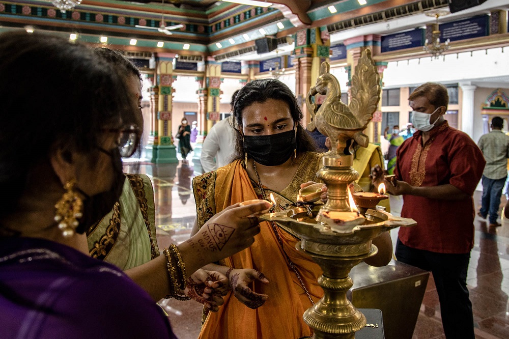 Hindu devotees perform prayers for Deepavali at the Sri Mahamariamman Temple in Kuala Lumpur November 4, 2021. ― Picture by Hari Anggara