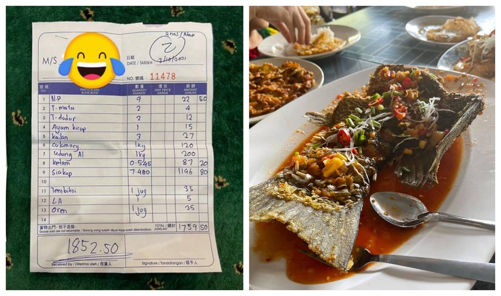 The total bill including beverages and other dishes came up to a jaw-dropping RM1,852.50. u00e2u20acu2022 Pictures via Facebook/Mohd Faris Zulkarnain 