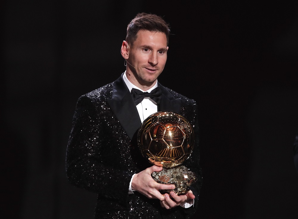Paris St Germain's Lionel Messi with the Ballon d'Or award, November 29, 2021. u00e2u20acu2022 Reuters pic