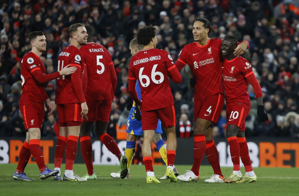 Liverpoolu00e2u20acu2122s Virgil van Dijk (second from right) celebrates scoring their fourth goal against Southampton at Anfield, Liverpool November 27, 2021. u00e2u20acu201d Reuters pic
