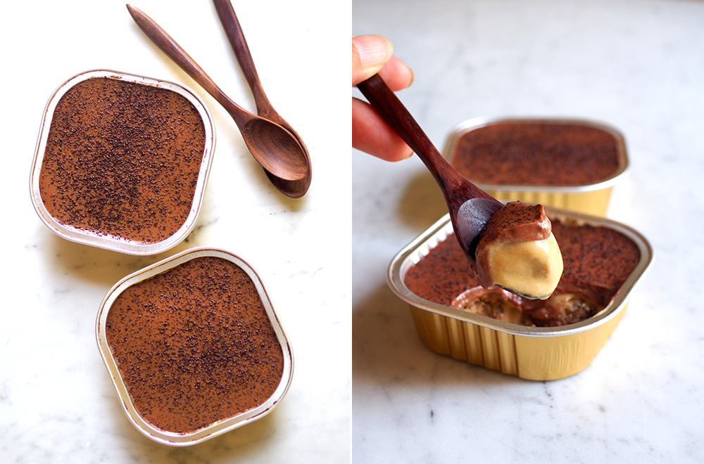 Ipoh white coffee tiramisu is sold in small square containers (left). The tiramisu is a lovely trio of decadent chocolate ganache, coffee flavoured mascarpone and white coffee soaked ladyfingers (right).