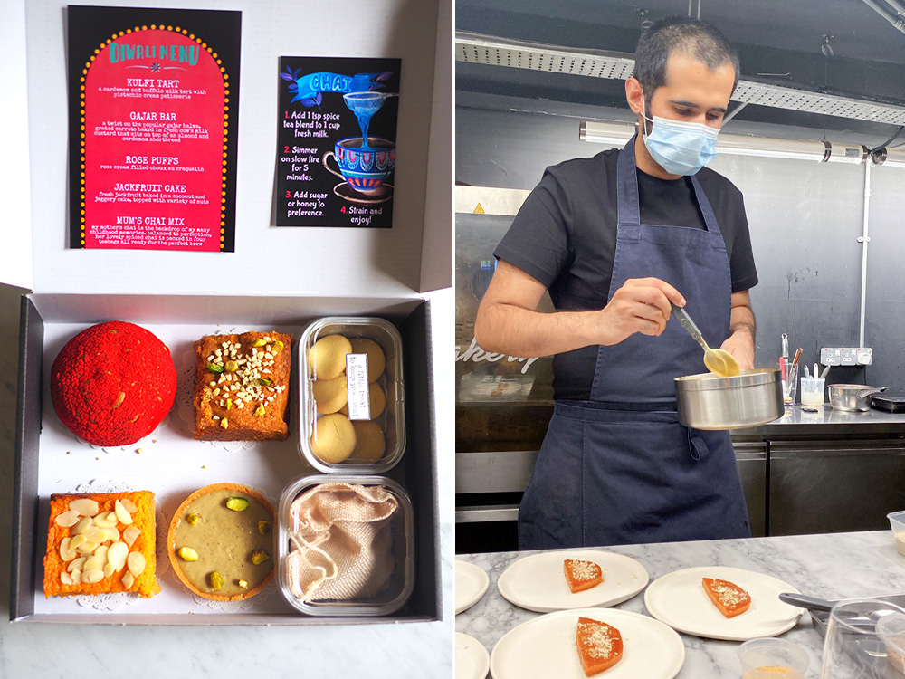 Paying tribute to his Indian heritage, the Deepavali box was a lovely treat with a kulfi tart, gajar bar, rose puff, jackfruit cake and Melvin's mother's chai mix (left). Melvin Cheema is the person behind the innovative desserts sold under Man & Whisk (right).