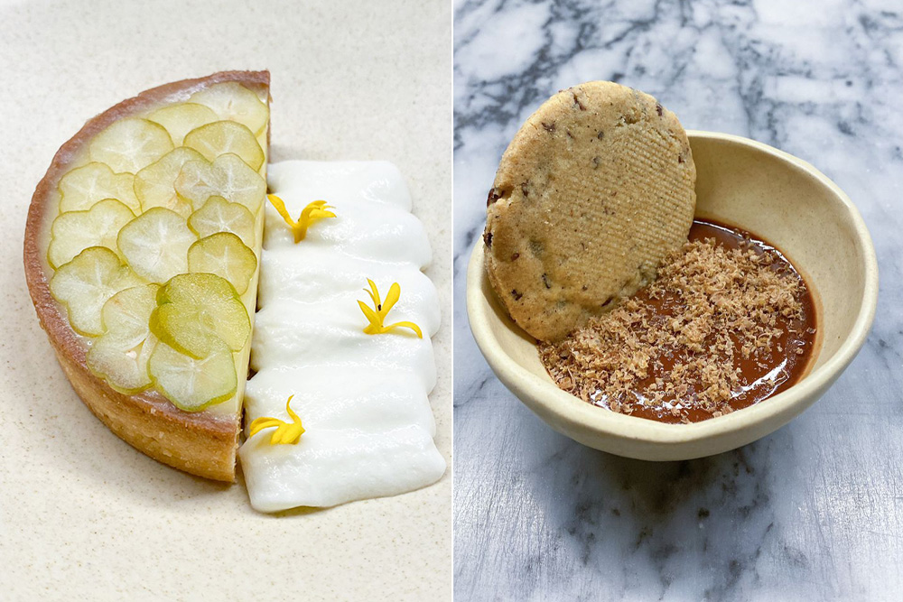 The dessert pop up featured this calamansi curd tart crowned with macerated 'belimbing buloh' that was served with fresh cream decorated with edible flowers (left). Everyone's favourite from the dessert pop up was the luscious warm chocolate custard topped with grated smoked duck heart and a cacao nib sable (right).