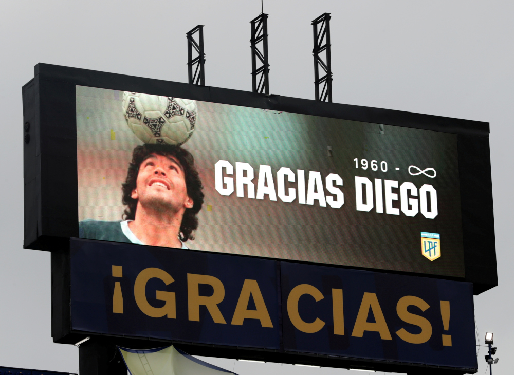 A screen displays an image of Diego Maradona and the legend u00e2u20acu02dc1960-infinity Thanks Diegou00e2u20acu2122 as a tribute at Estadio La Bombonera, Buenos Aires, Argentina, November 29, 2020. u00e2u20acu201d Reuters pic 