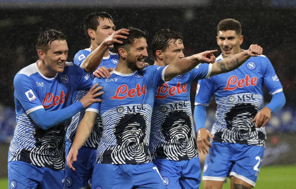 Napoli's Dries Mertens (centre) celebrates scoring their second goal against Lazio with teammates at Stadio Diego Armando Maradona, Naples November 28, 2021. u00e2u20acu201d Reuters pic