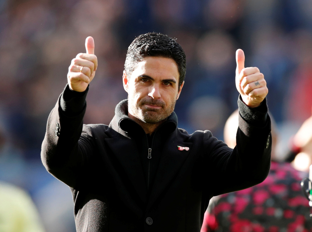 Arsenal manager Mikel Arteta celebrates after the match against Leicester City at King Power Stadium, Leicester, Britain, October 30, 2021. u00e2u20acu201d Action Images via Reutersn